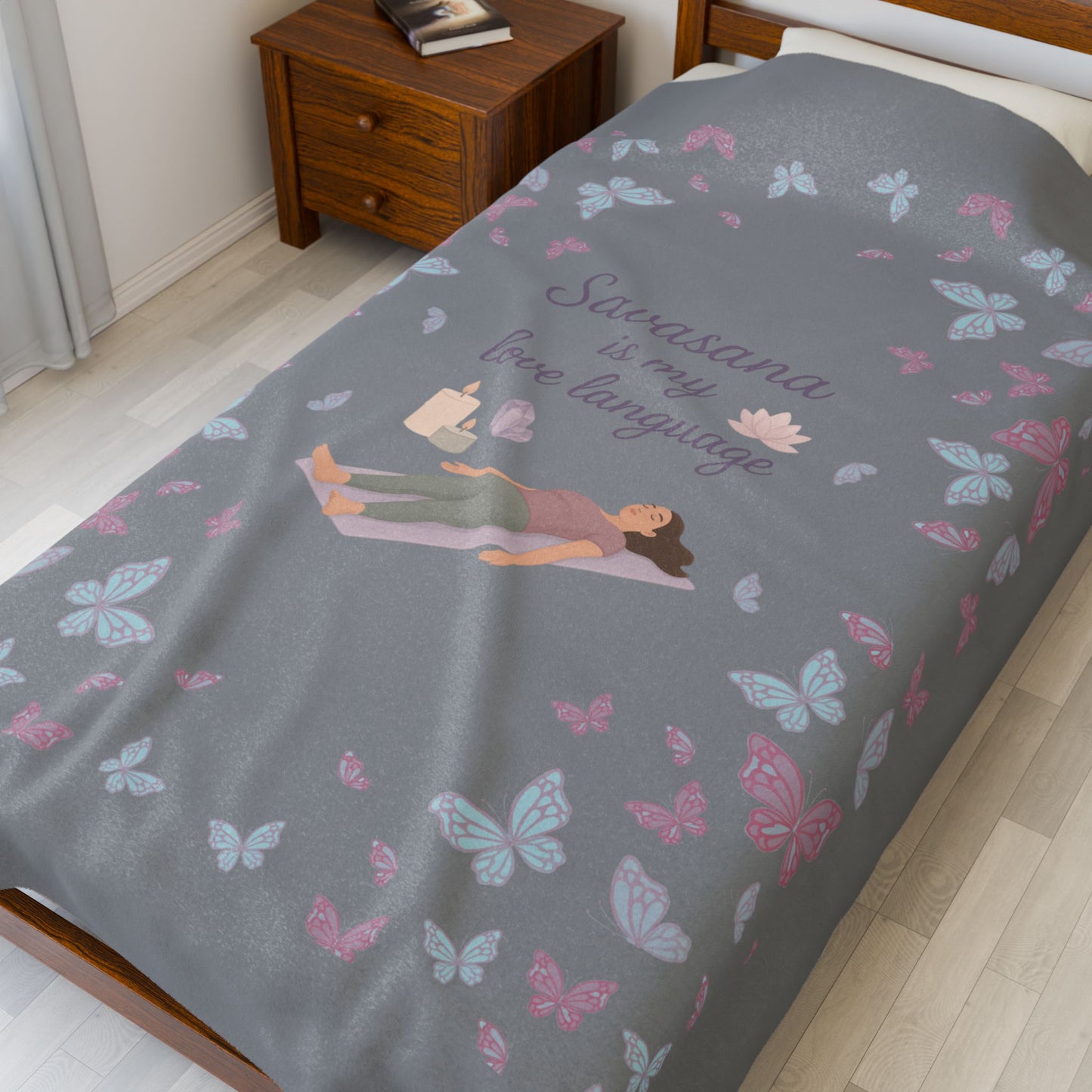 Savasana Plush Blanket - Cozy Velveteen Blanket for Yoga Lovers, Meditation Throw, Butterfly Print, Gift for Relaxation, Self-Care Must-Have