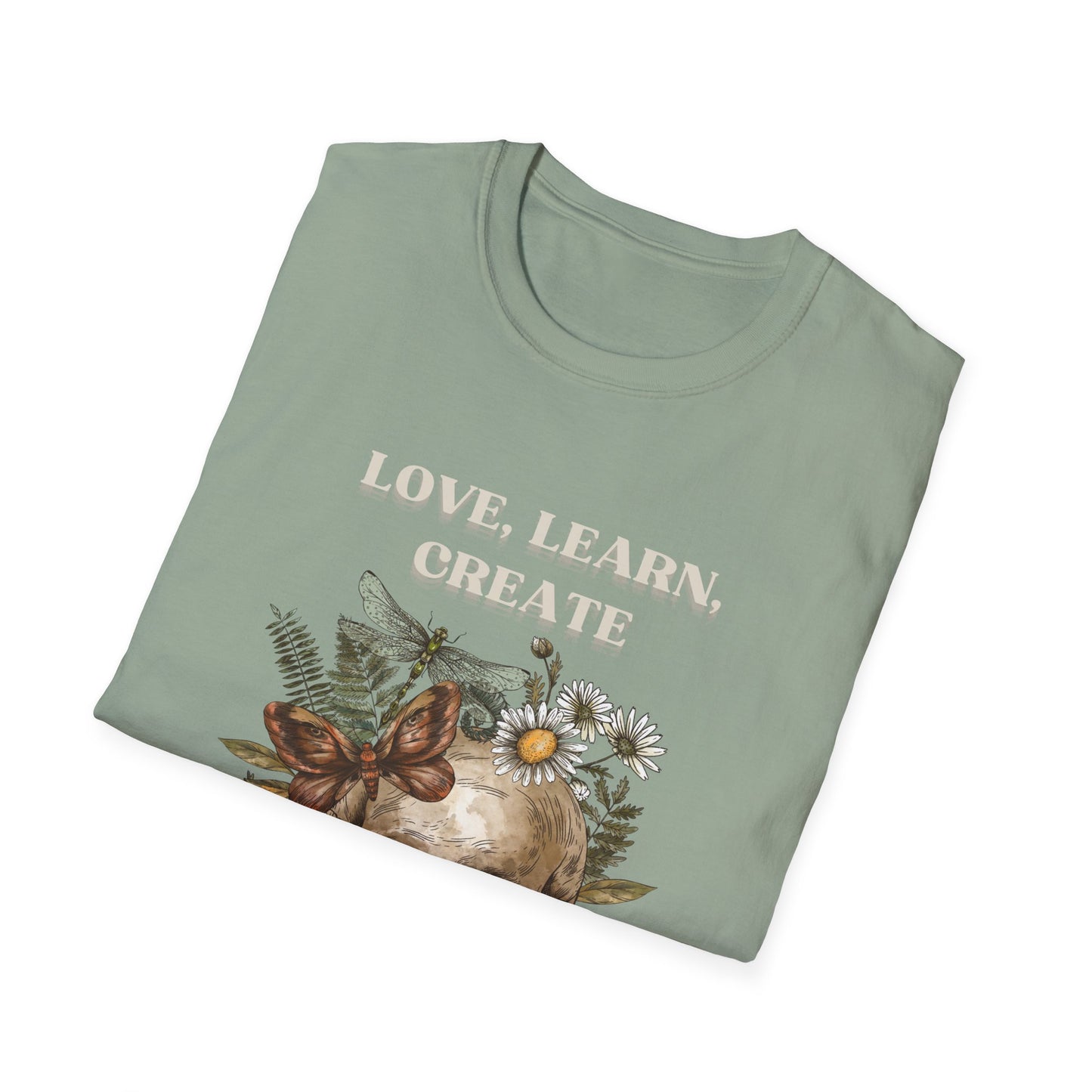 Skull Floral T-Shirt - Love Learn Create - Boho Style Tee, Unisex Graphic Shirt, Alternative Fashion, Gift for Art Lovers, Everyday Wear