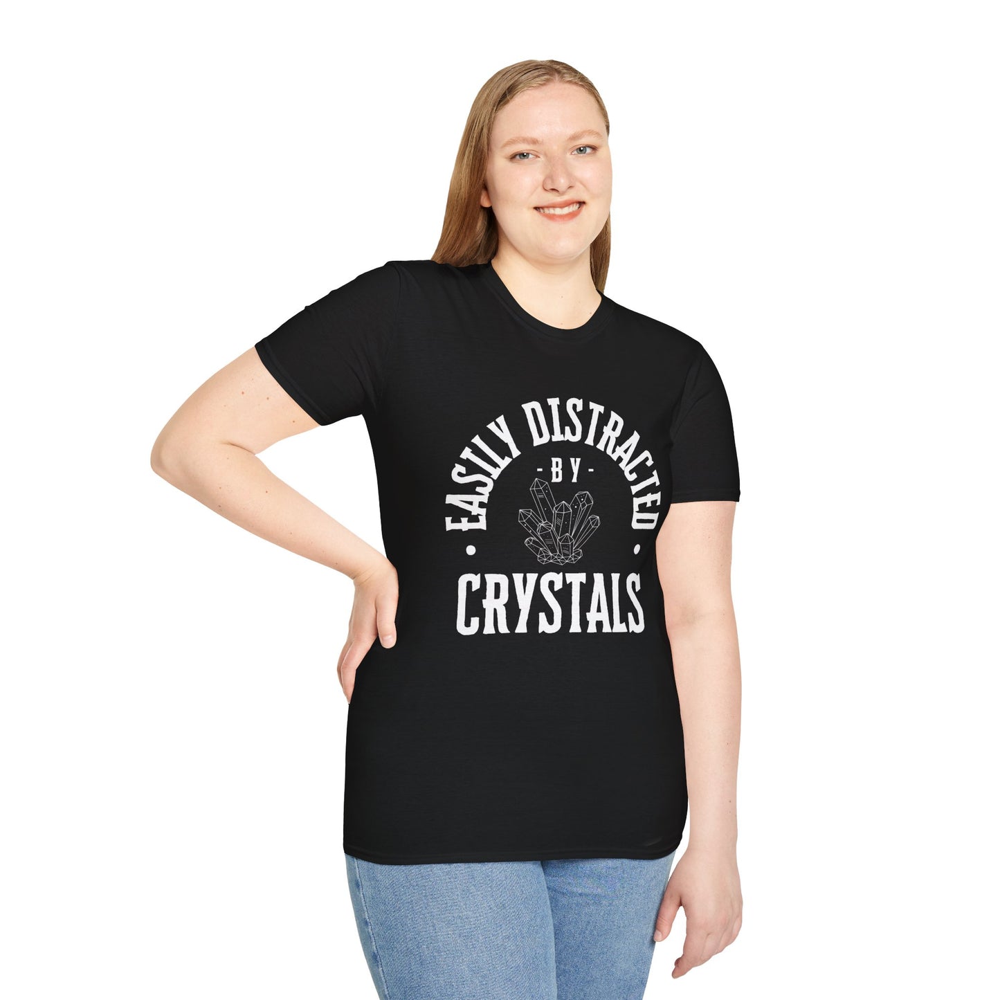 Easily Distracted by Crystals T-Shirt, Unisex Softstyle Tee, Gift for Crystal Lovers, Boho Fashion, Cute Quartz Apparel