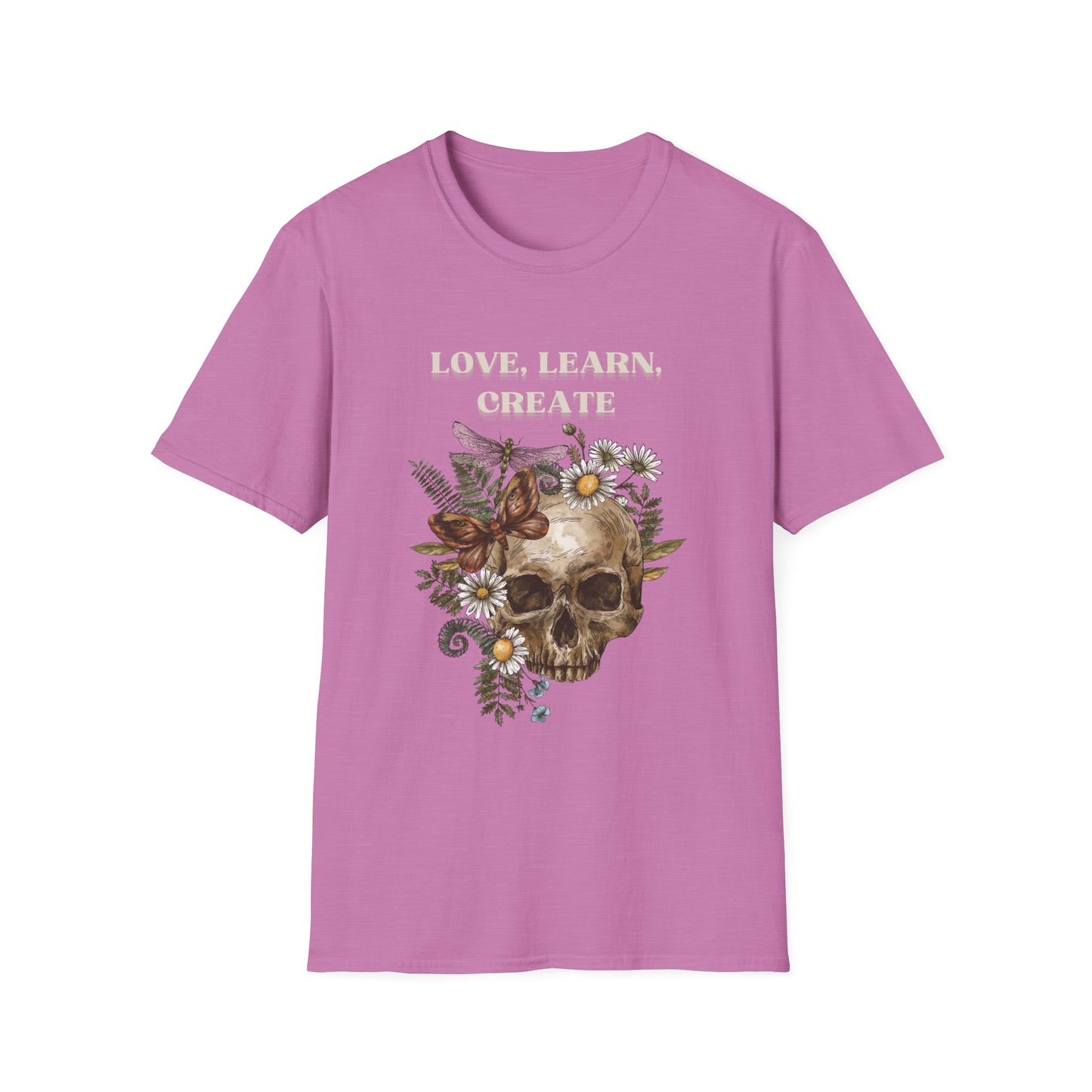 Skull Floral T-Shirt - Love Learn Create - Boho Style Tee, Unisex Graphic Shirt, Alternative Fashion, Gift for Art Lovers, Everyday Wear