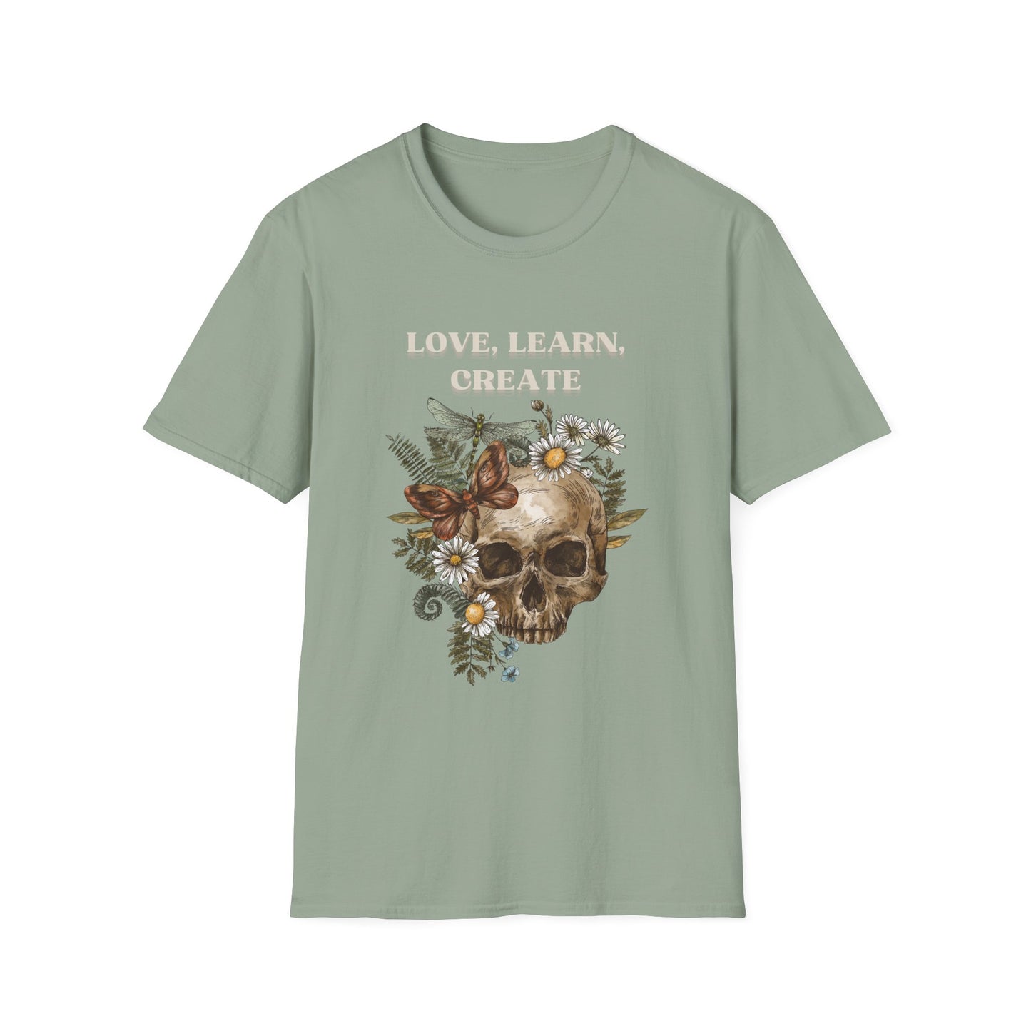 Skull Floral T-Shirt - Love Learn Create - Boho Style Tee, Unisex Graphic Shirt, Alternative Fashion, Gift for Art Lovers, Everyday Wear