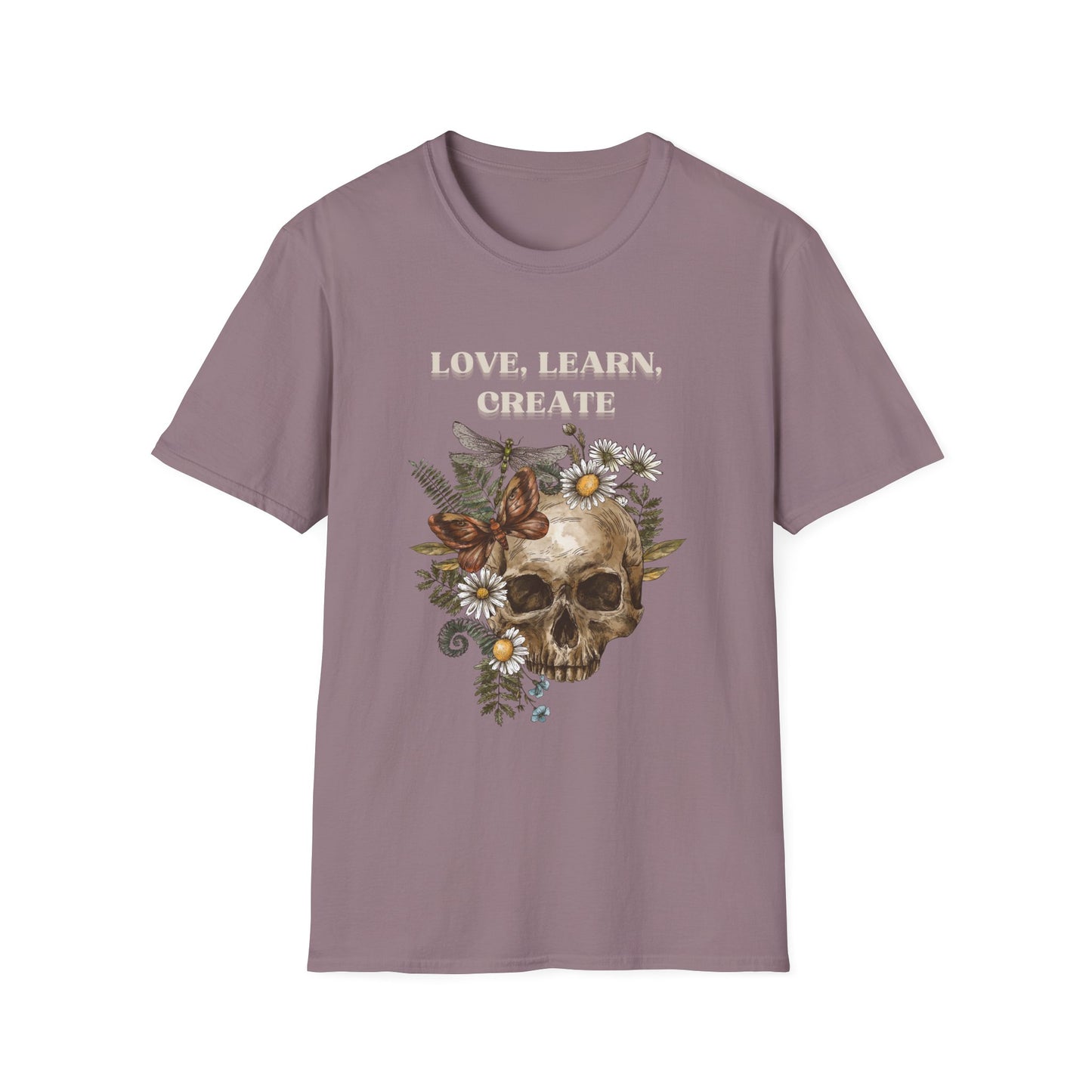 Skull Floral T-Shirt - Love Learn Create - Boho Style Tee, Unisex Graphic Shirt, Alternative Fashion, Gift for Art Lovers, Everyday Wear